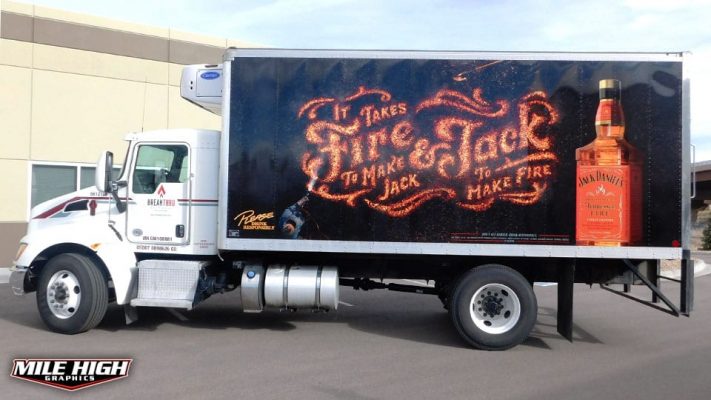 Photo of drivers side box truck wrap by Mile High Graphics for Jack Daniels Whiskey
