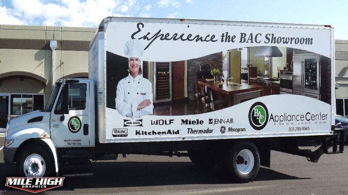 Photo of Driver side box truck wrap by Mile High Graphics for BAC Appliance Center